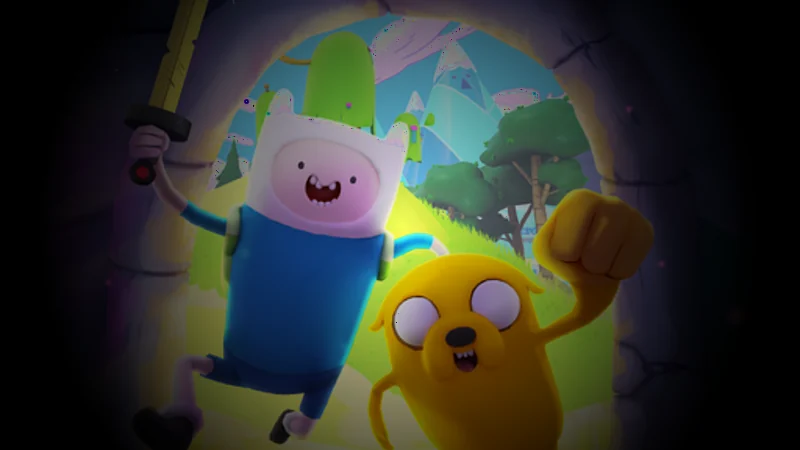 Adventure Time RPG official screenshot: Finn mid-swing with a sword in a dungeon full of coins