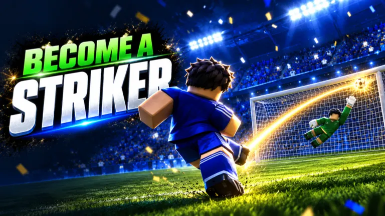 Become A Striker key art with the game logo and a striker celebrating